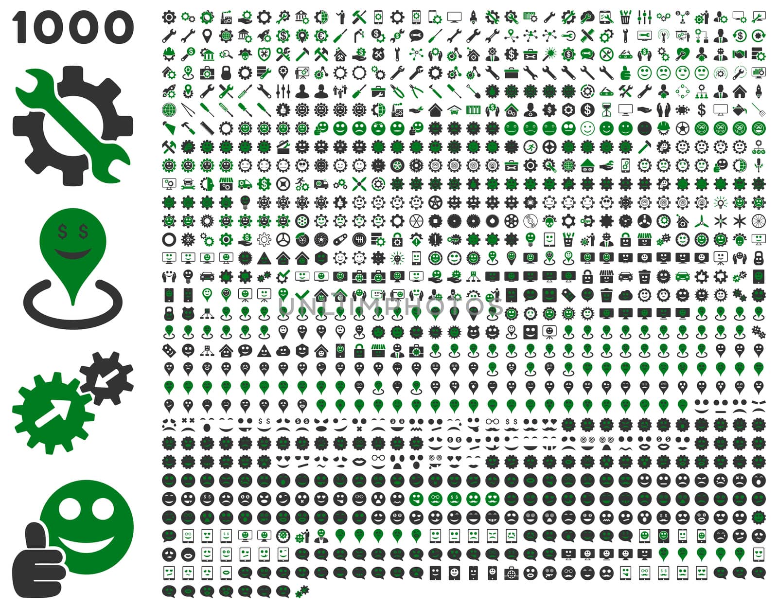 1000 tools, gears, smiles, map markers, mobile icons. Glyph set style: bicolor flat images, green and gray symbols, isolated on a white background.