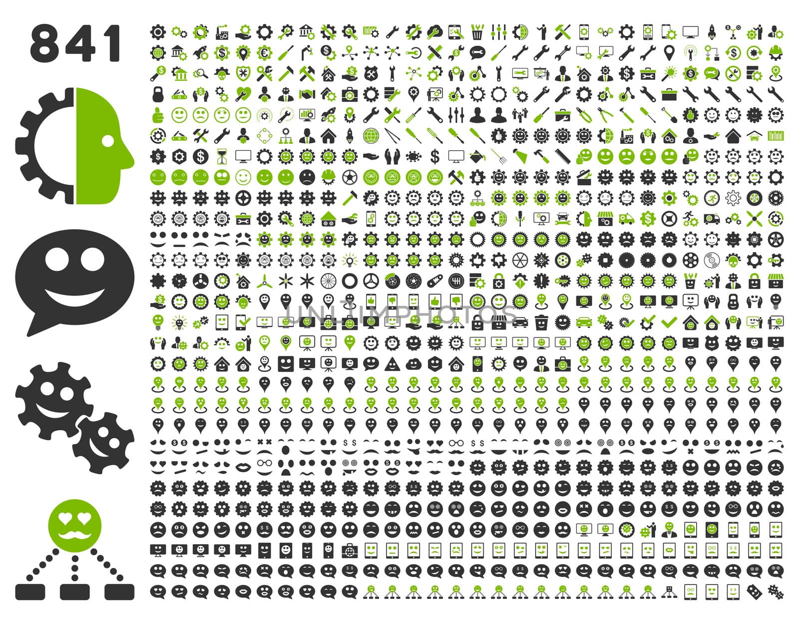 841 smile, tool, gear, map markers, mobile icons. Glyph set style: bicolor flat images, eco green and gray symbols, isolated on a white background.