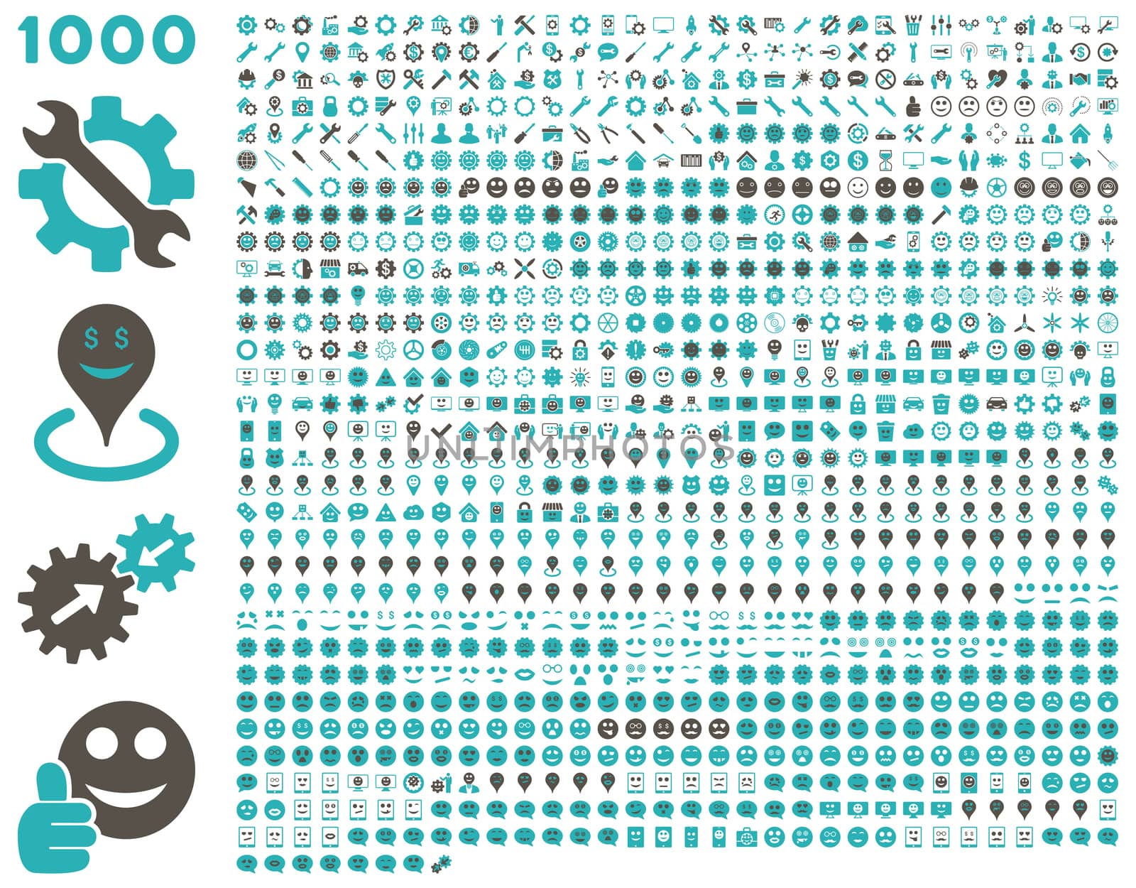 1000 tools, gears, smiles, map markers, mobile icons. Glyph set style: bicolor flat images, grey and cyan symbols, isolated on a white background.