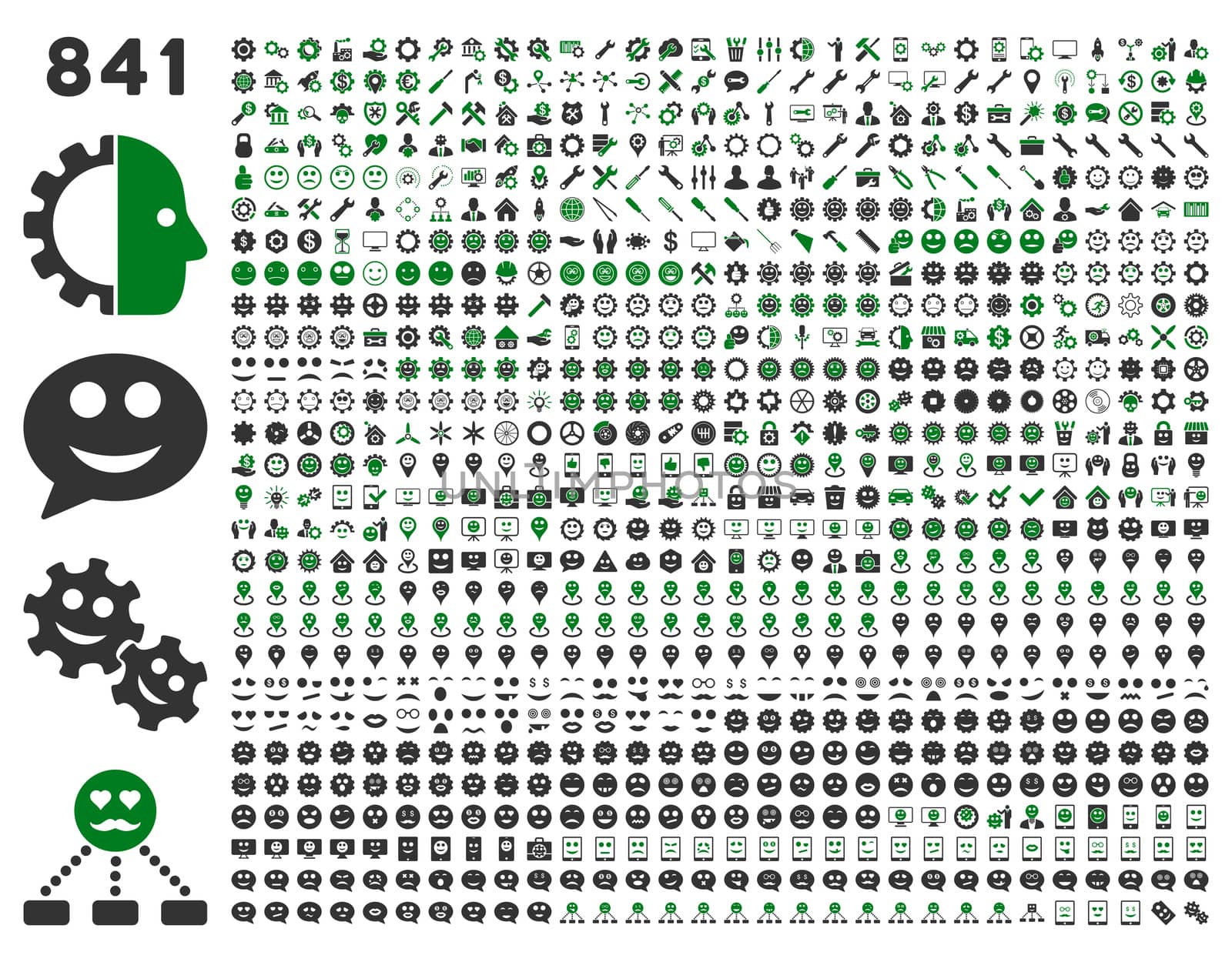 841 smile, tool, gear, map markers, mobile icons. Glyph set style: bicolor flat images, green and gray symbols, isolated on a white background.