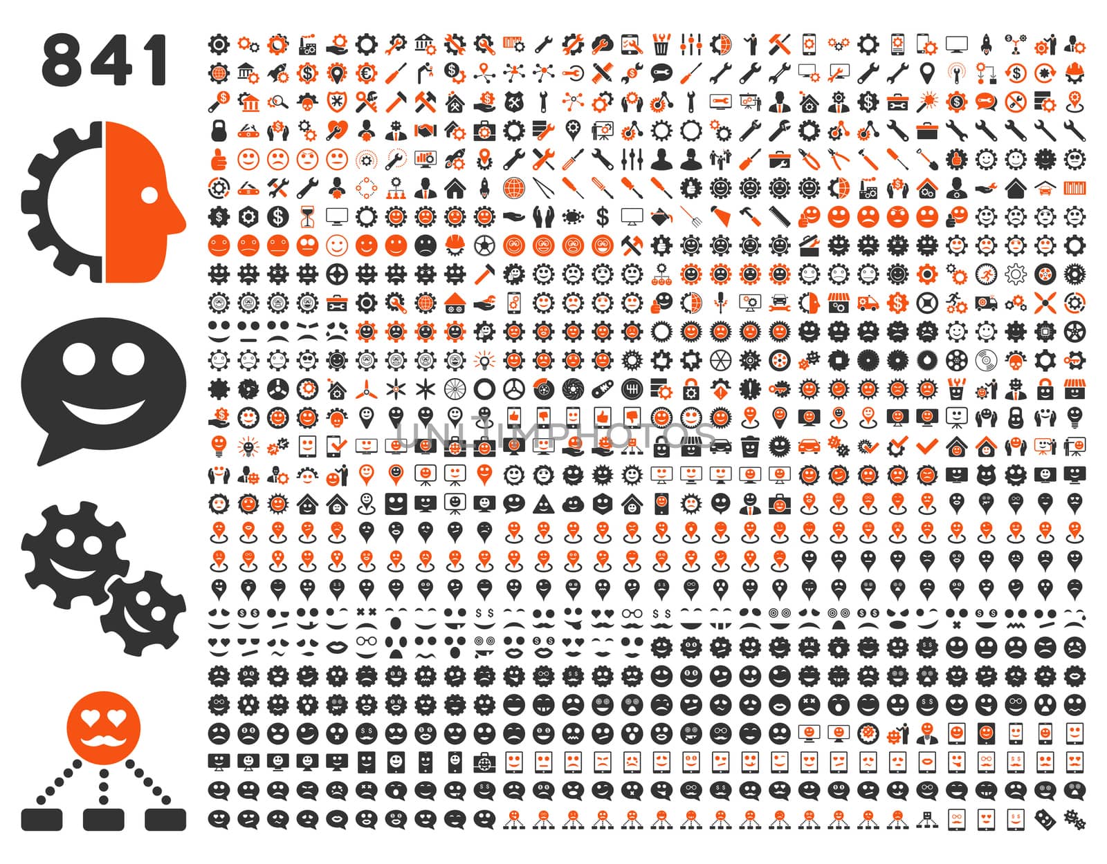 841 smile, tool, gear, map markers, mobile icons. Glyph set style: bicolor flat images, orange and gray symbols, isolated on a white background.