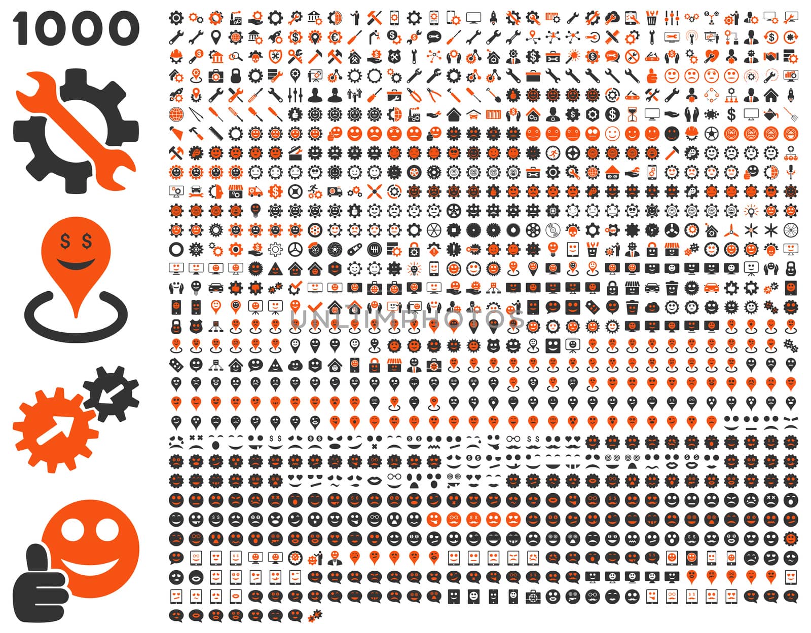 1000 tools, gears, smiles, map markers, mobile icons. Glyph set style: bicolor flat images, orange and gray symbols, isolated on a white background.