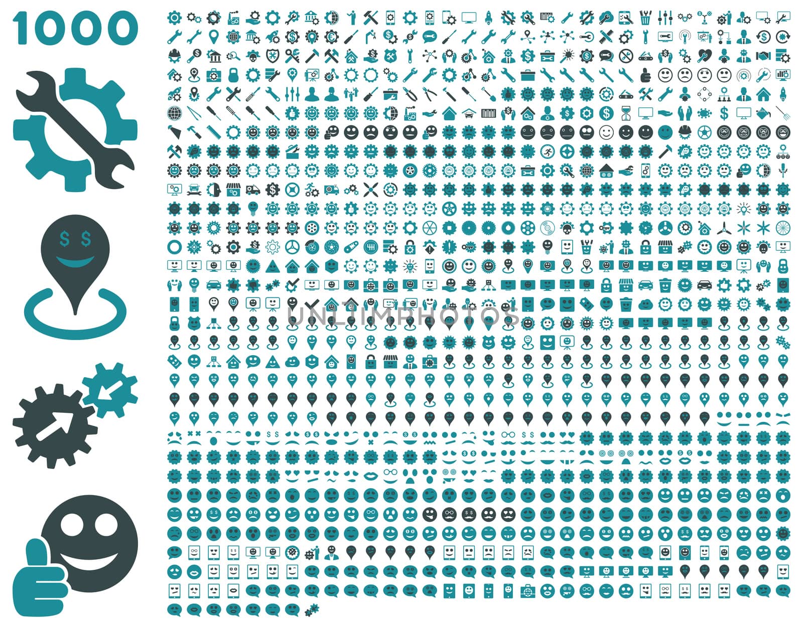 1000 tools, gears, smiles, map markers, mobile icons. Glyph set style: bicolor flat images, soft blue symbols, isolated on a white background.