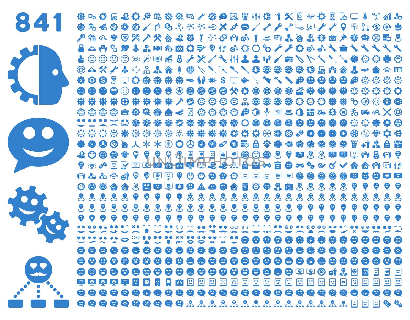 841 smile, tool, gear, map markers, mobile icons. Glyph set style: flat images, cobalt symbols, isolated on a white background.