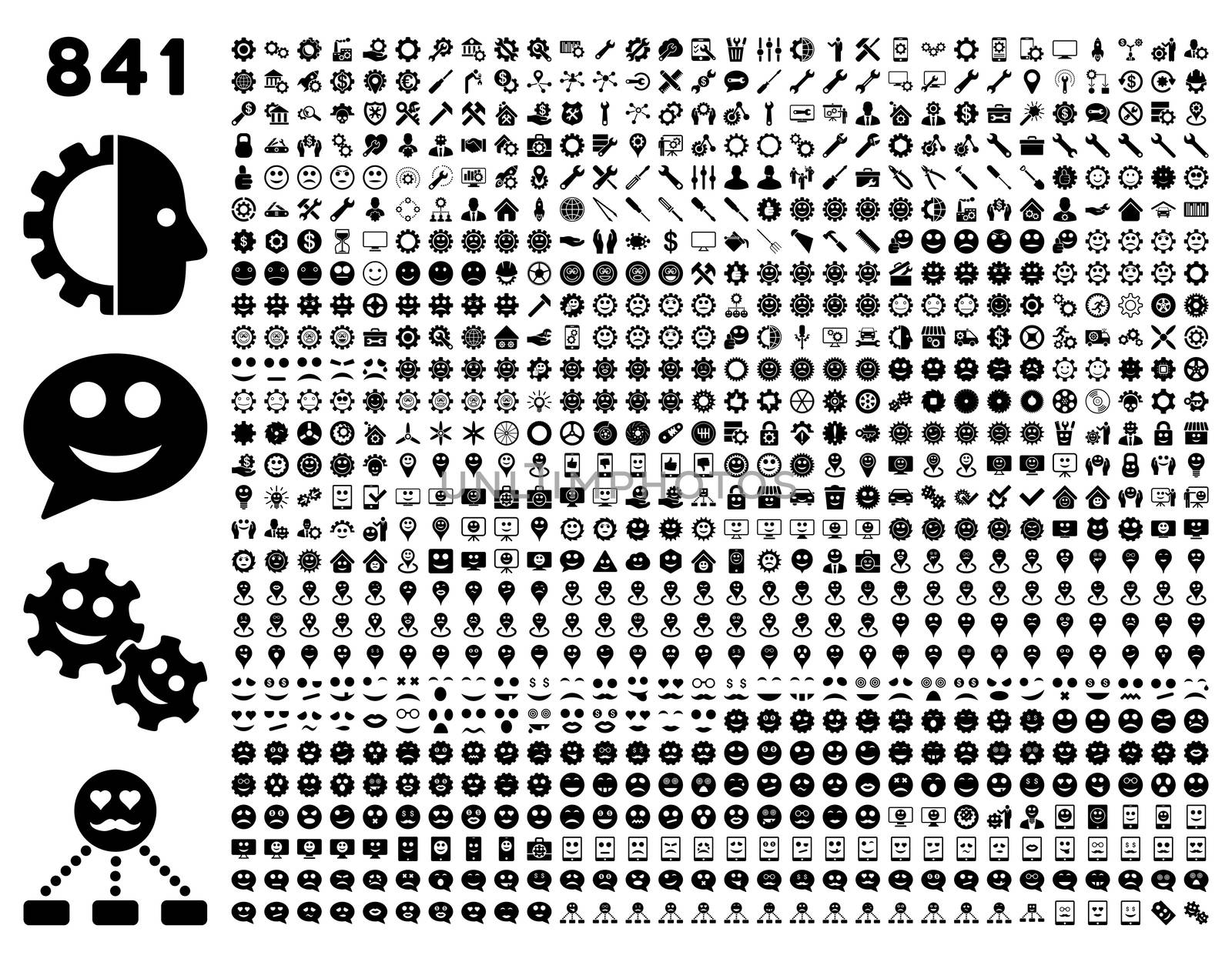 841 smile, tool, gear, map markers, mobile icons. Glyph set style: flat images, black symbols, isolated on a white background.