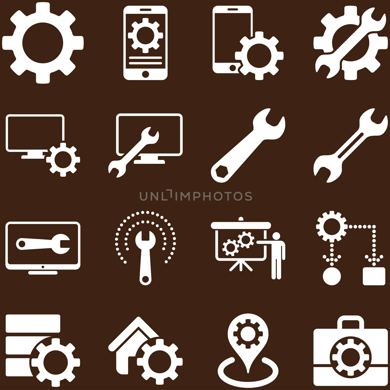 Options and service tools icon set. Glyph style: flat symbols, white color, rounded angles, brown background.