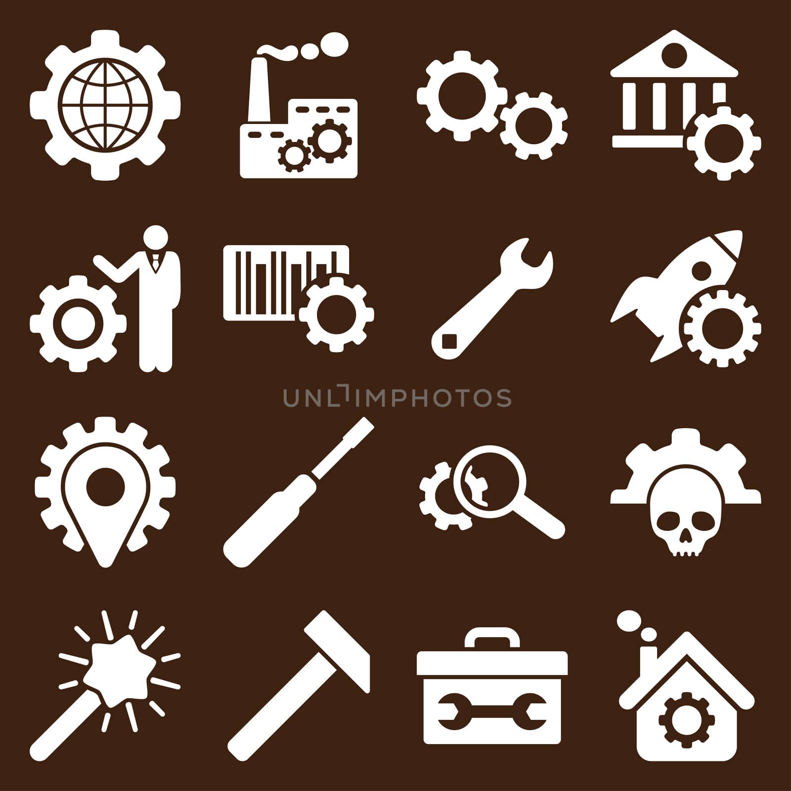 Options and service tools icon set. Glyph style: flat symbols, white color, rounded angles, brown background.