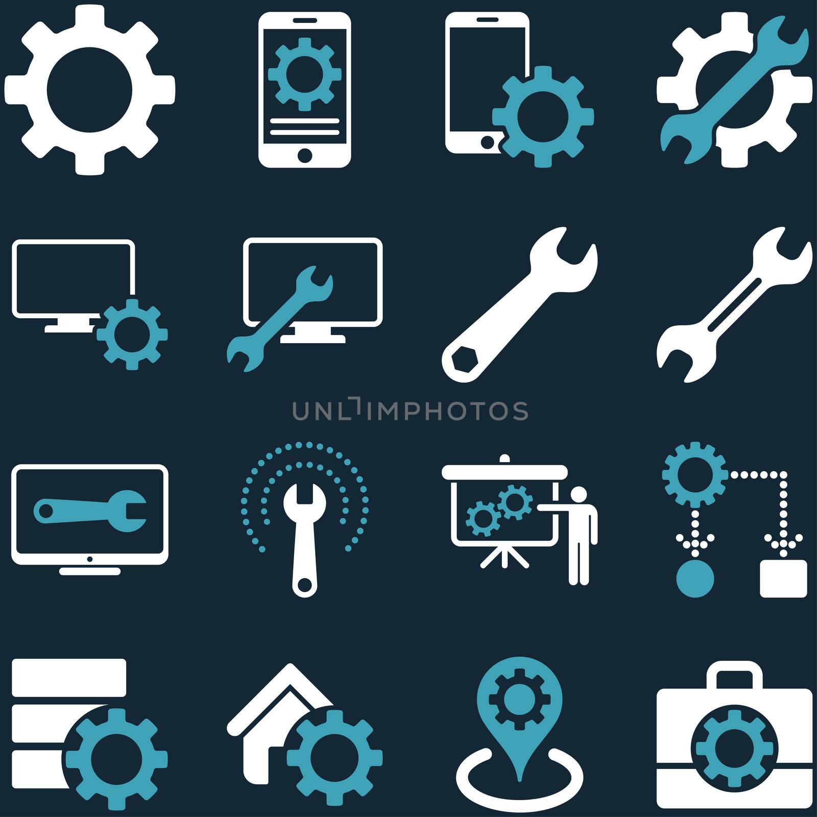 Options and service tools icon set. Glyph style: flat bicolor symbols, blue and white colors, rounded angles, dark blue background.
