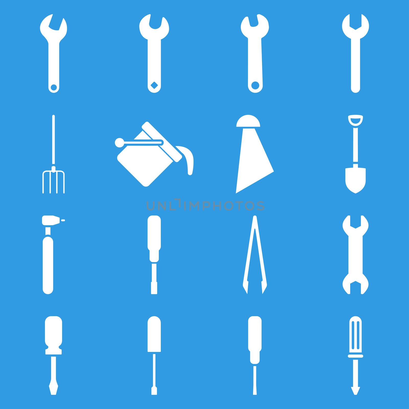 Instruments and tools icon set. Glyph style: flat symbols, white color, rounded angles, blue background.