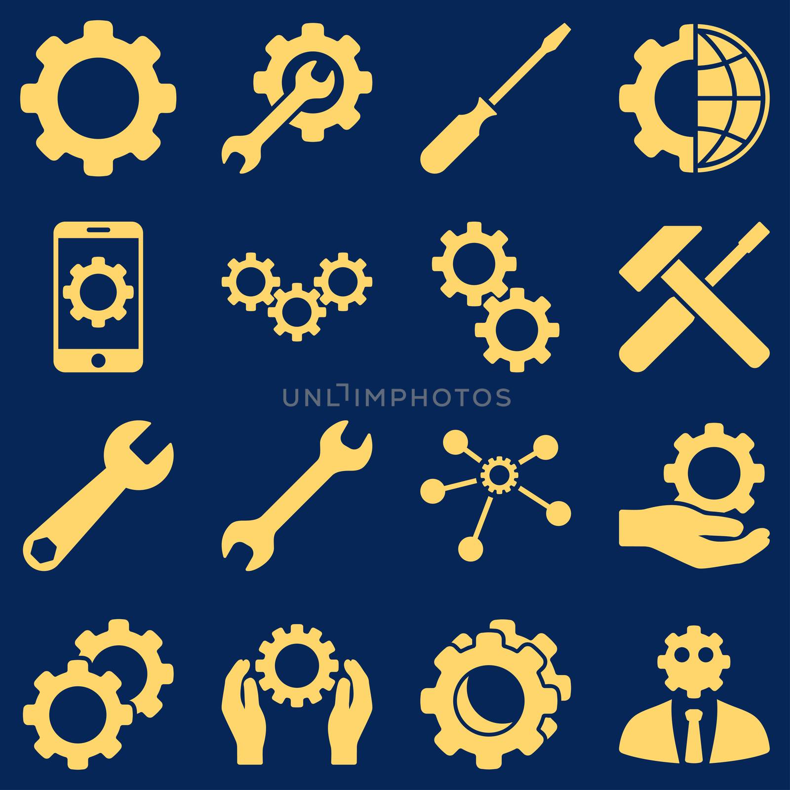 Options and service tools icon set. Glyph style: flat symbols, yellow color, rounded angles, blue background.