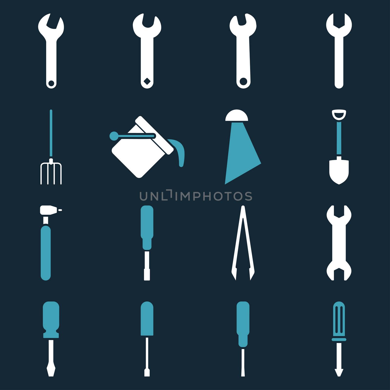 Instruments and tools icon set. Glyph style: flat bicolor symbols, blue and white colors, rounded angles, dark blue background.