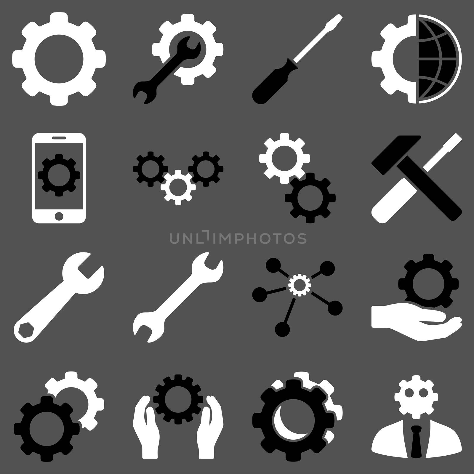 Options and service tools icon set. Glyph style: flat bicolor symbols, black and white colors, rounded angles, gray background.