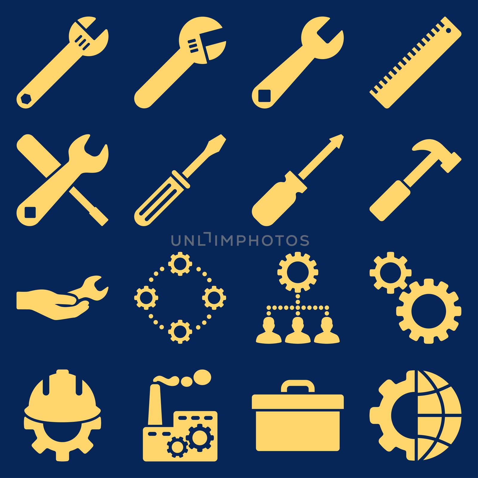 Options and service tools icon set. Glyph style: flat symbols, yellow color, rounded angles, blue background.