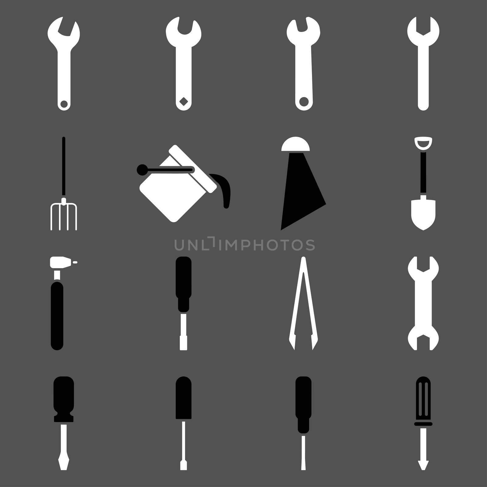 Instruments and tools icon set. Glyph style: flat bicolor symbols, black and white colors, rounded angles, gray background.