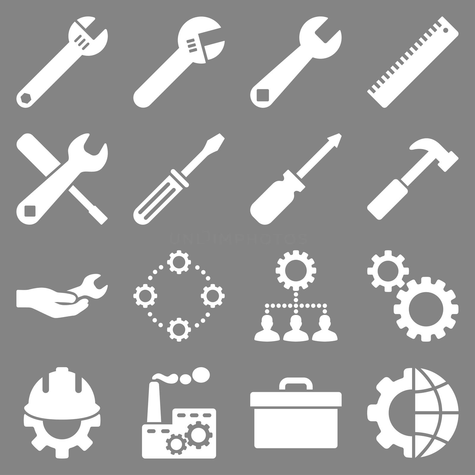 Options and service tools icon set. Glyph style: flat symbols, white color, rounded angles, gray background.
