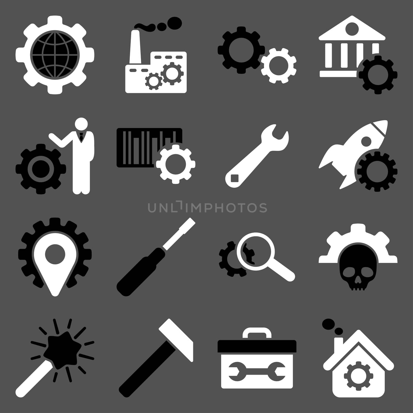 Options and service tools icon set. Glyph style: flat bicolor symbols, black and white colors, rounded angles, gray background.