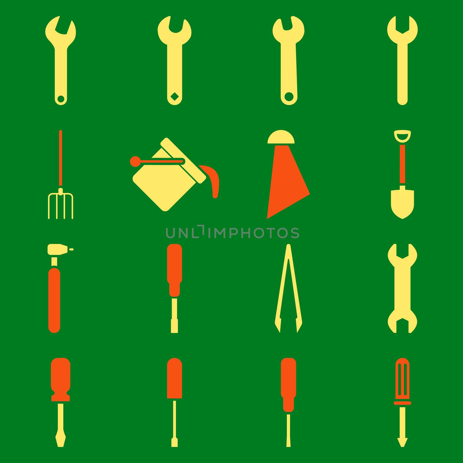 Instruments and tools icon set. Glyph style: flat bicolor symbols, orange and yellow colors, rounded angles, green background.