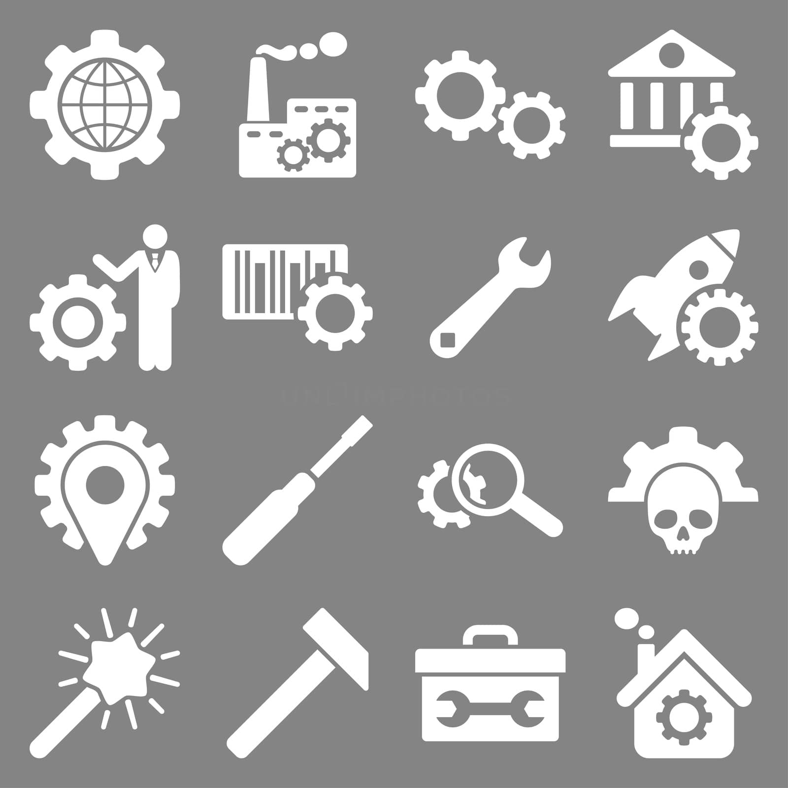 Options and service tools icon set. Glyph style: flat symbols, white color, rounded angles, gray background.