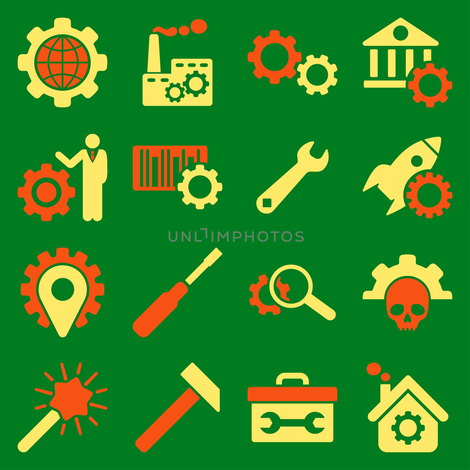 Options and service tools icon set. Glyph style: flat bicolor symbols, orange and yellow colors, rounded angles, green background.