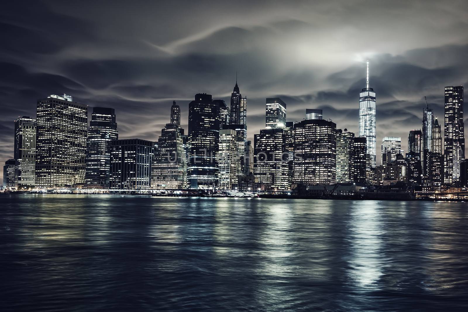 Manhattan at night, New York City. View from Brooklyn