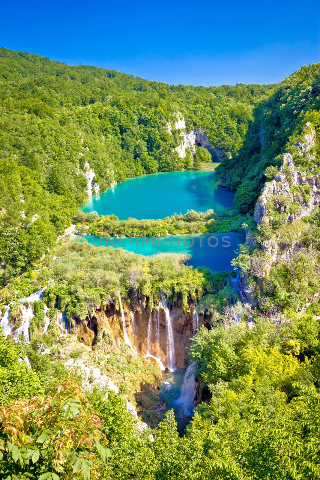 Beautiful falling lakes of Plitvice national park vertical view, Croatia