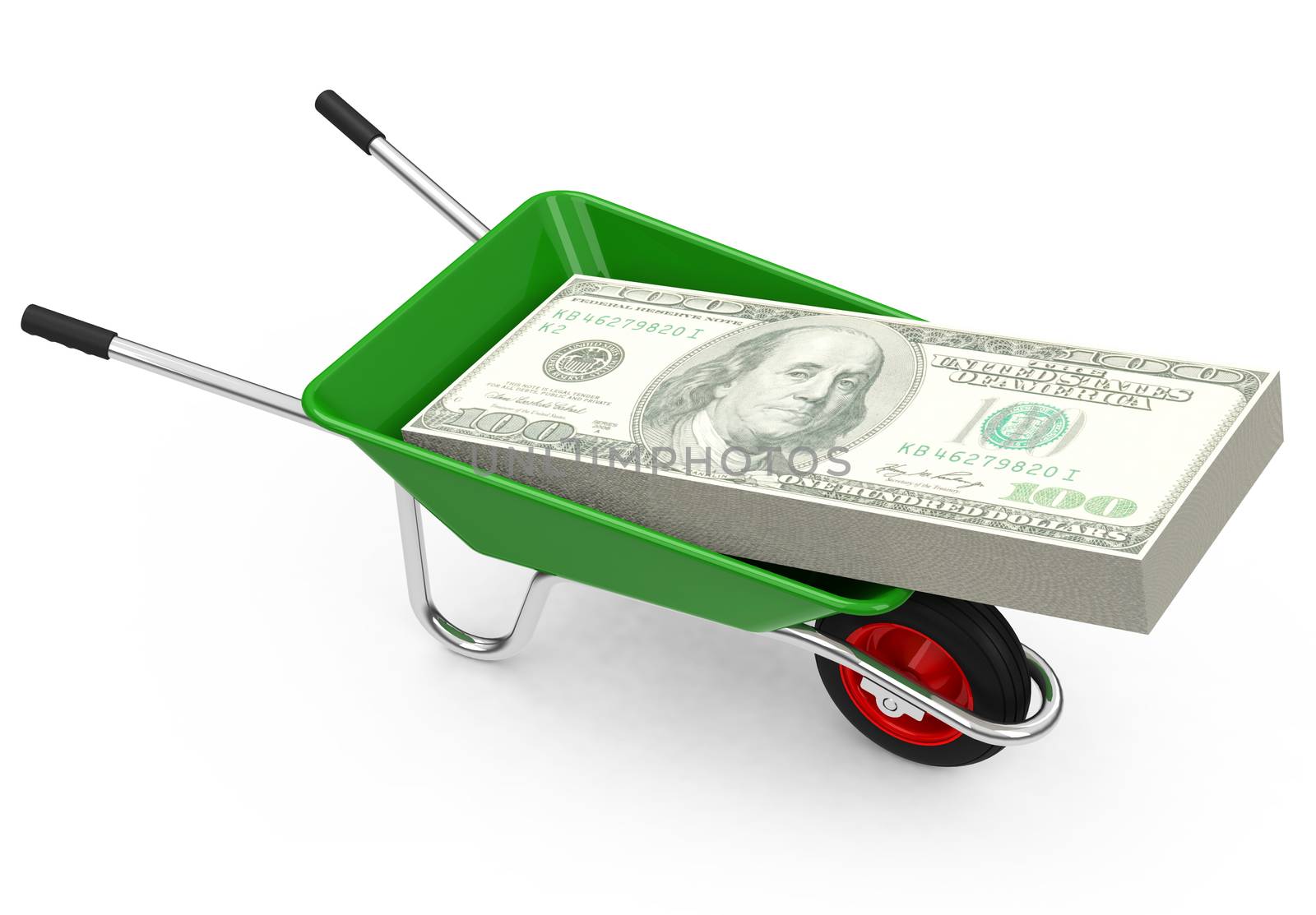 3d generated picture of a wheelbarrow with some dollar bills