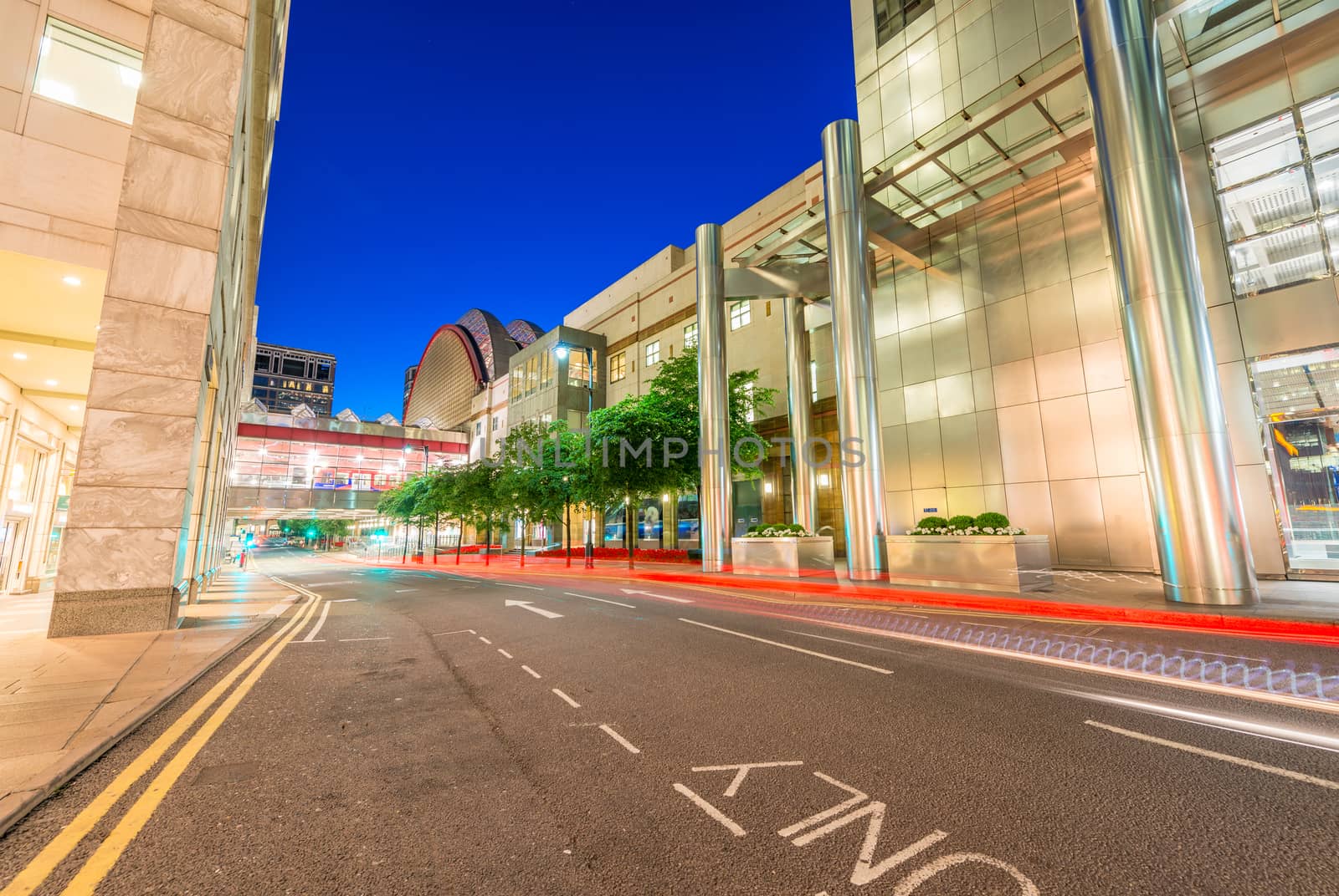 Canary Wharf street at night.