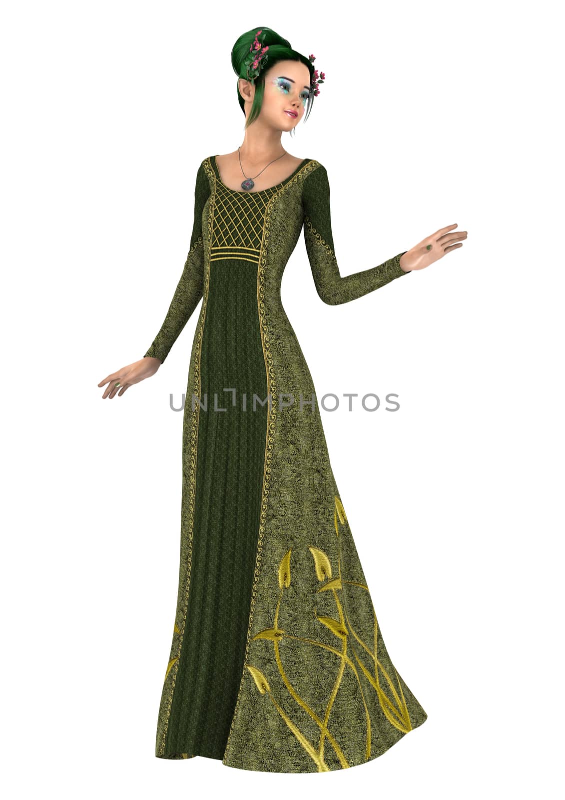 3D digital render of a beautiful princess of spring isolated on white background