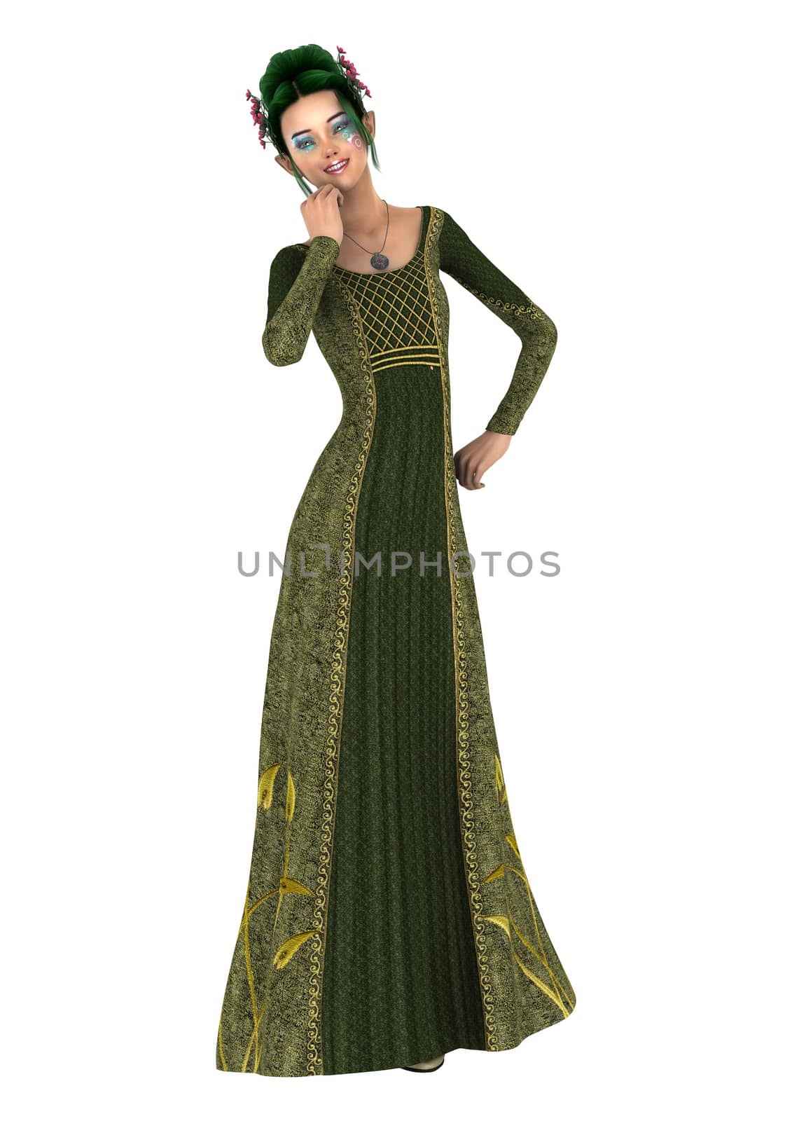 3D digital render of a beautiful princess of spring isolated on white background