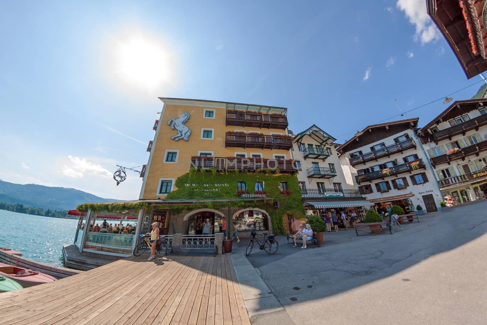 St. Wolfgang, Austria - June 23, 2014: Roesslterrace at the Wolfgangsee in St. Wolfgang. Popular travel destination in Austria.