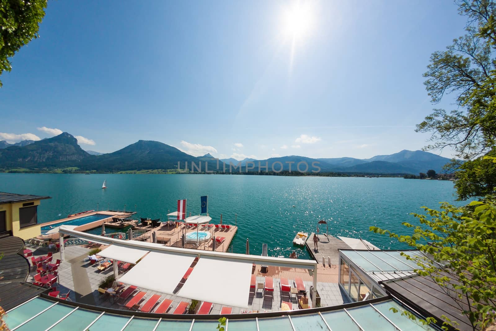St. Wolfgang, Austria - June 23, 2014: View over the Wolfgangsee in St. Wolfgang. Popular travel destination in Austria.