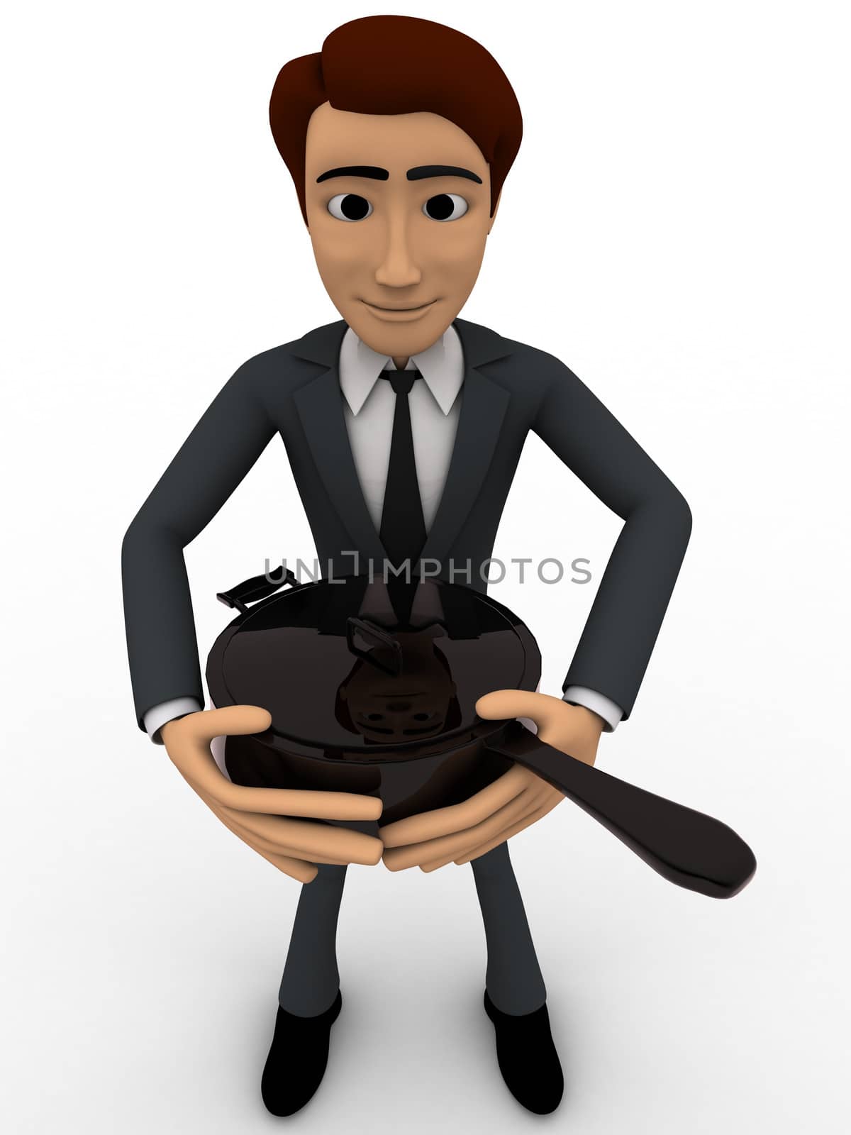 3d man holding pan cooker in hand concept on white background, front angle view