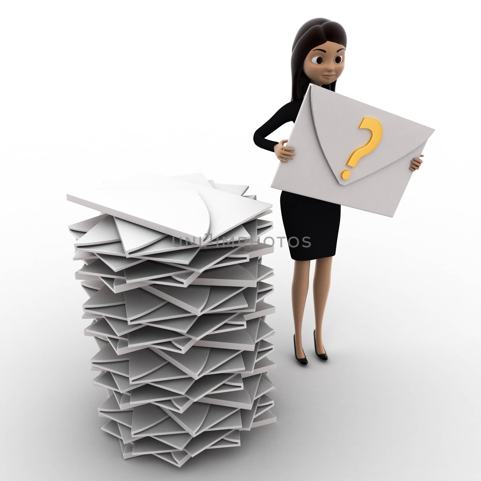 3d woman with many mails in inbox and one mail with question mark in hand concept on white background, top   angle view