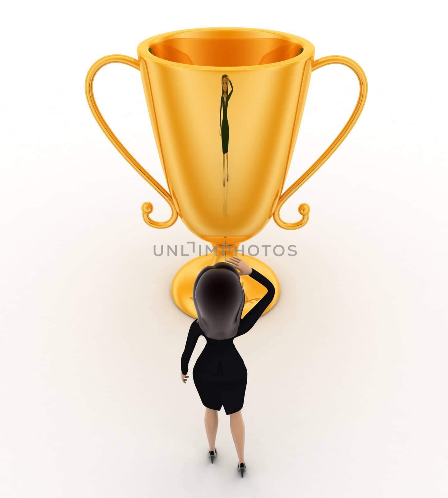 3d woman thinking about big golden cup award concept on white background, top angle view