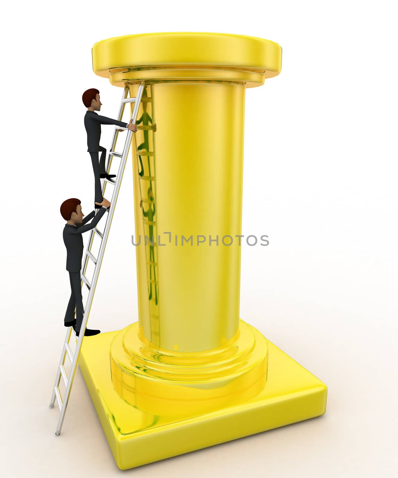 3d man climb tall golden pillar using ladder concept on white background, side angle view