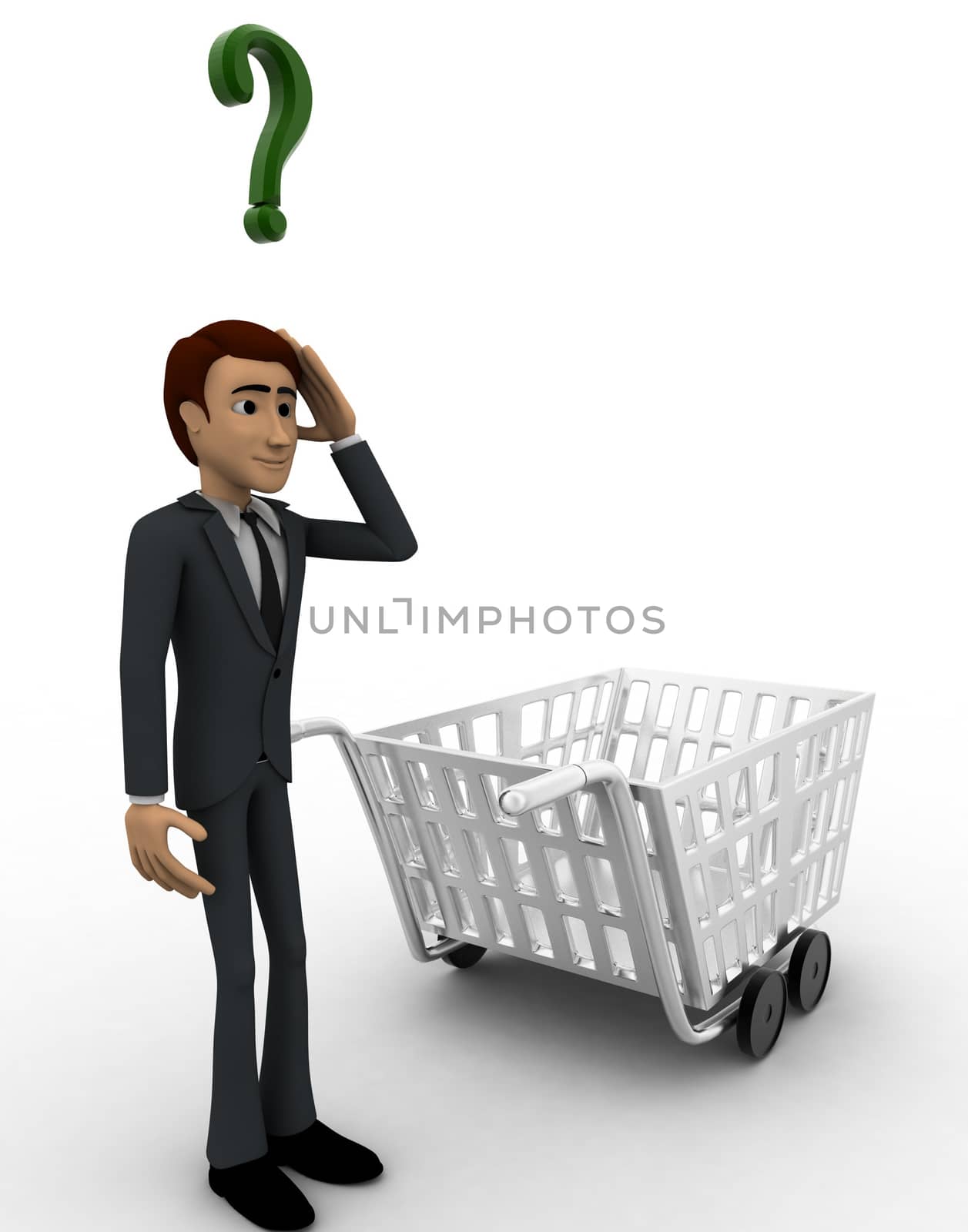 3d man confused and with cart and green question mark concept on white background, side  angle view