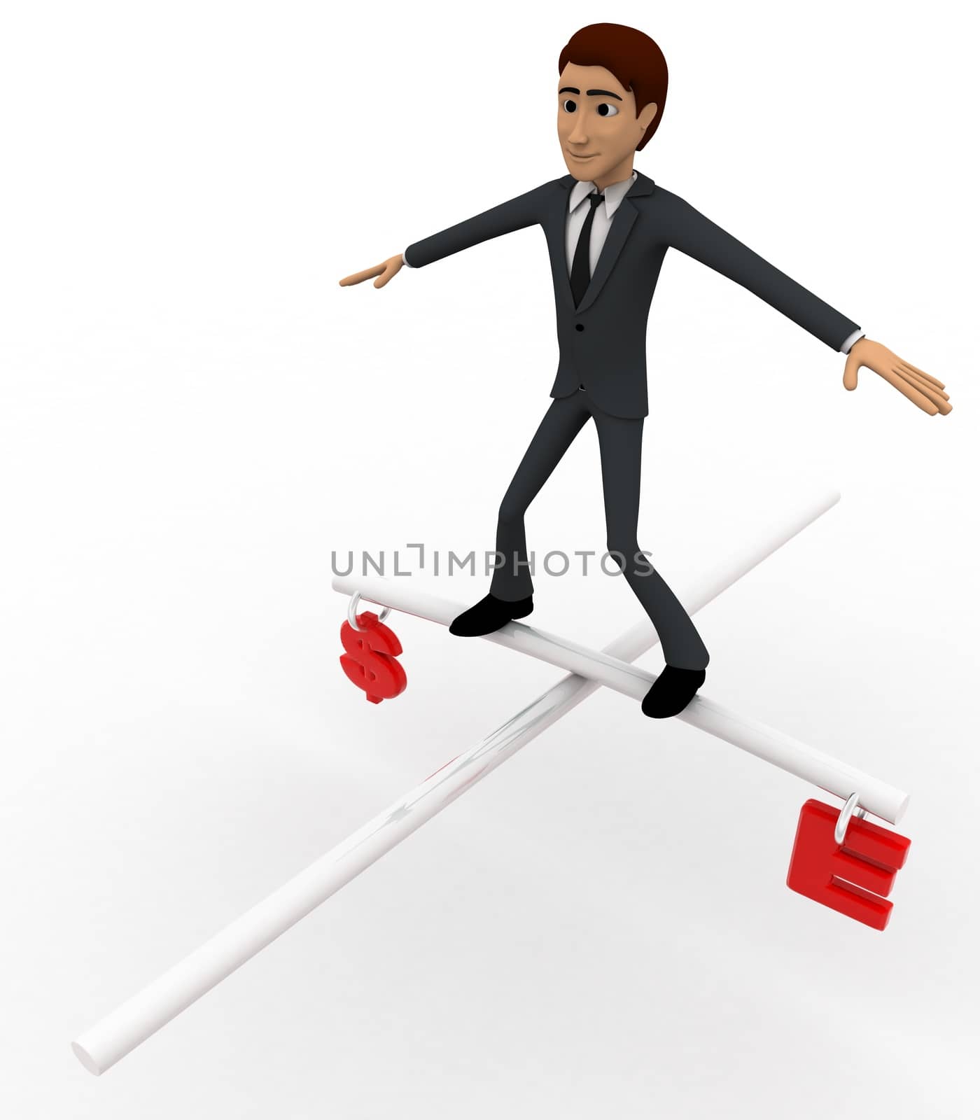 3d man balancing dollar and euro currency on rope concept on white background, side angle view 