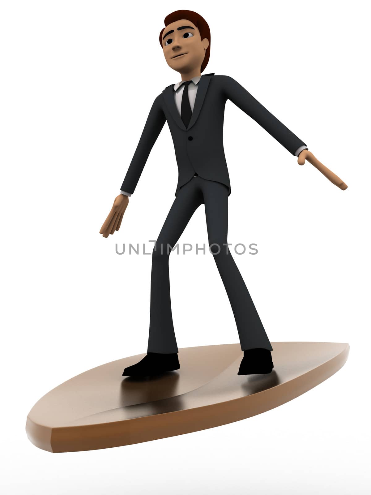 3d man on flying surf board concept on white background, front angle view