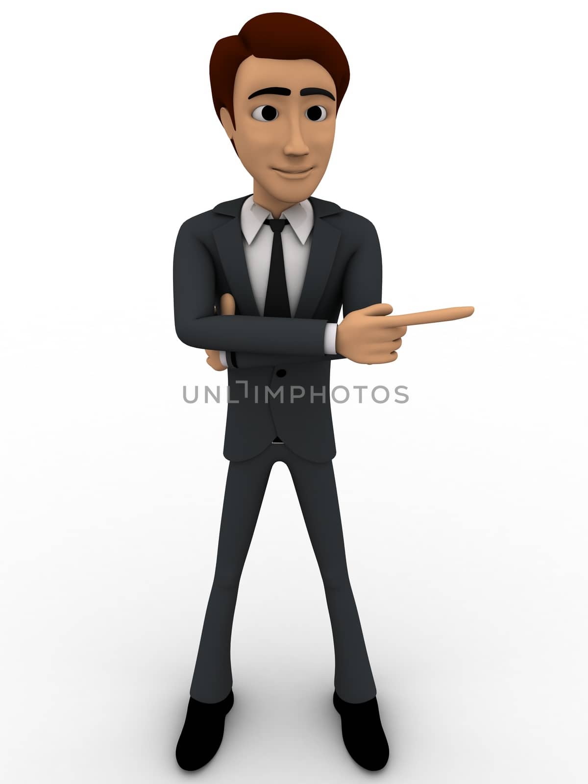 3d man pointing in one direction concept on white background, front angle view