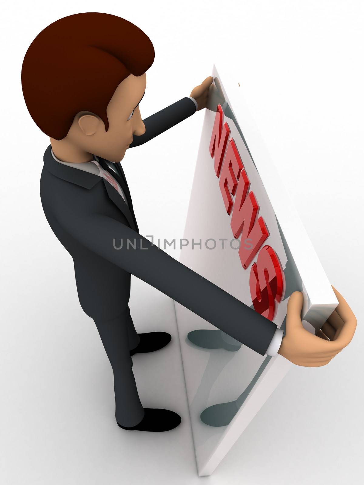 3d man reading news paper concept on white background,  top angle view