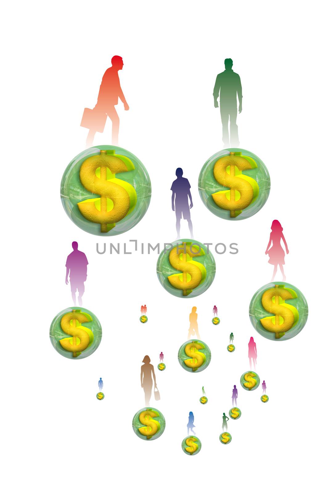 Silhouettes of several people standing on a ball embedded in dollars 3D