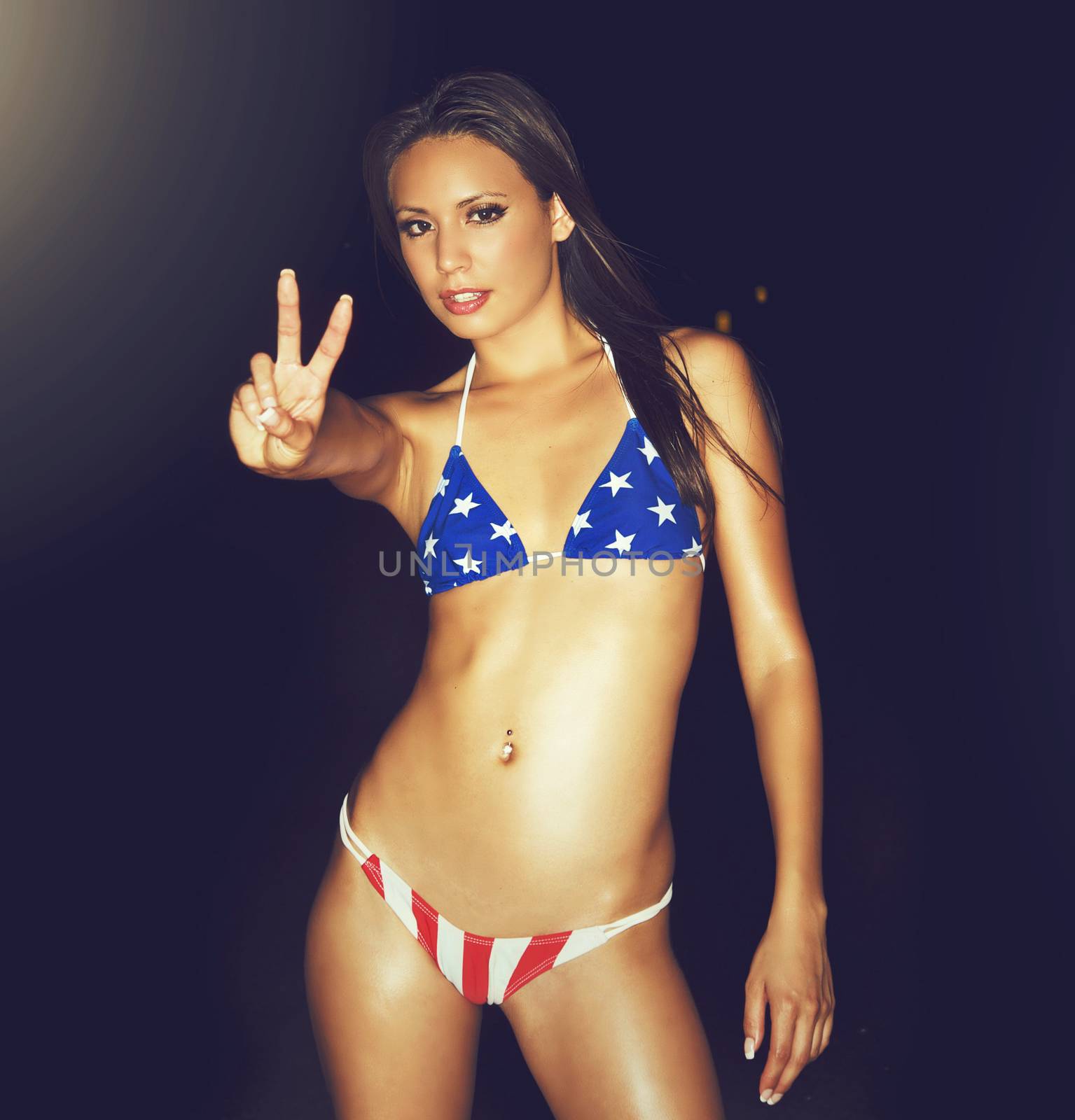 Beautiful sexy pinup girl dance raver peace and love USA American bikini