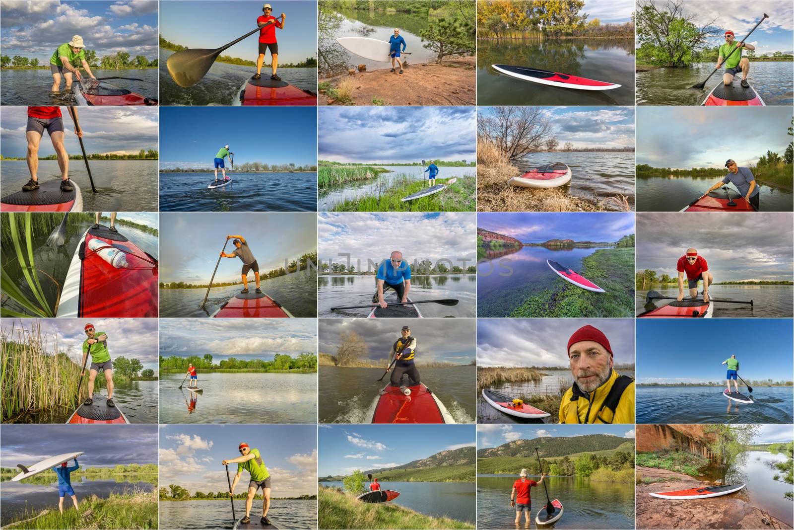 collection of stand up paddling pictures from lakes in Colorado featuring  the same 60 years old male model