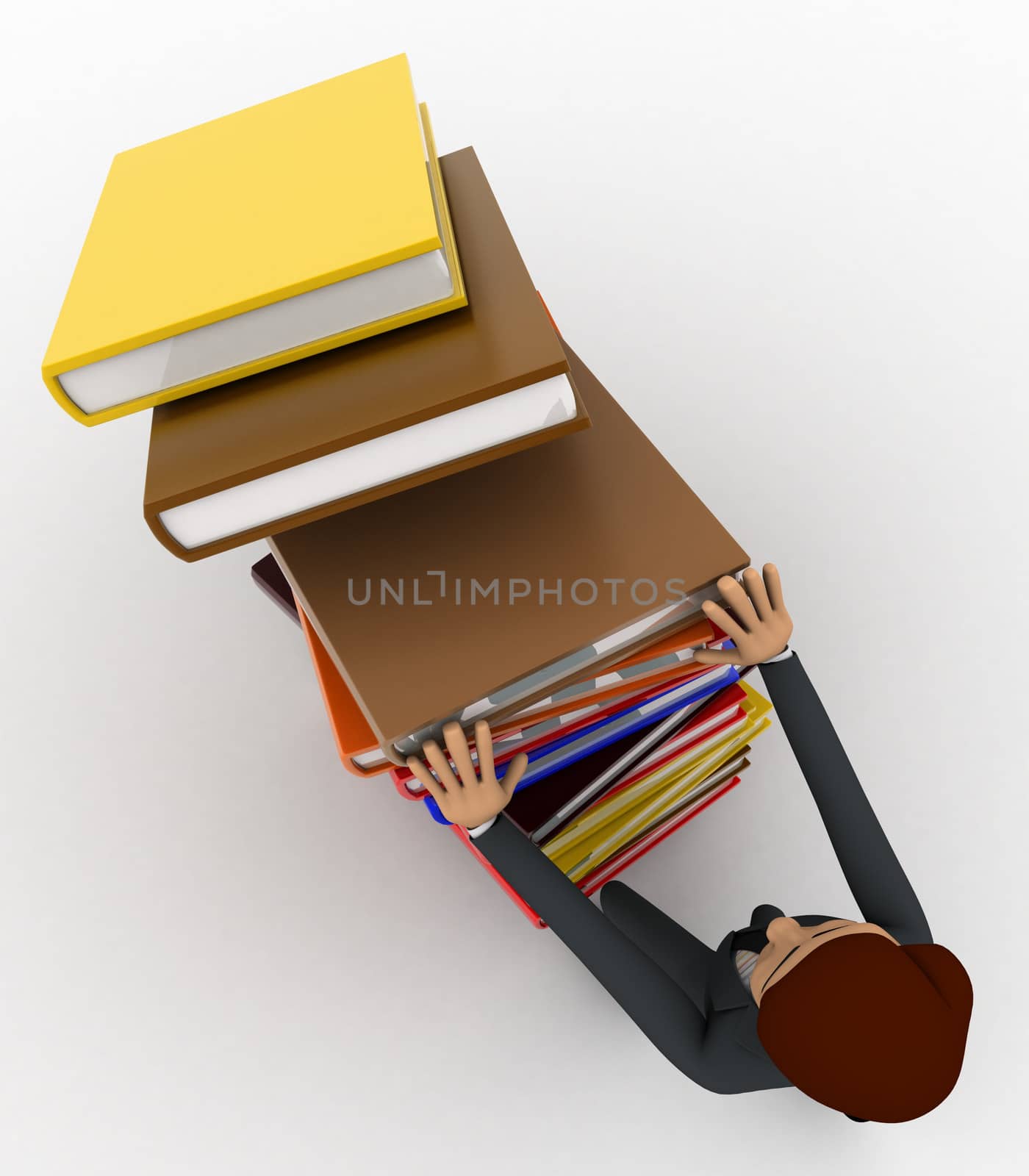 3d man pushing pile of books and books are falling concept on white background, top  angle view