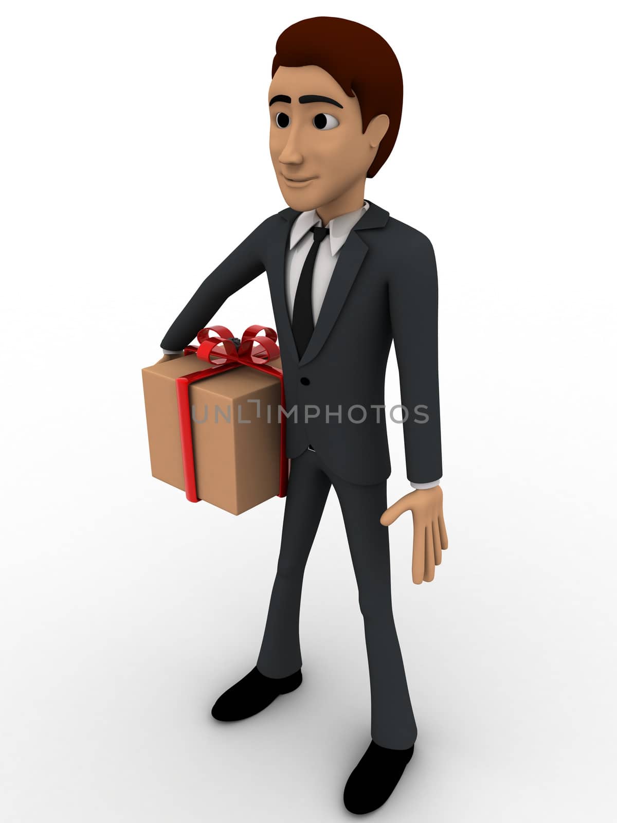 3d man with wrapped gift box concept on white background,  side  angle view