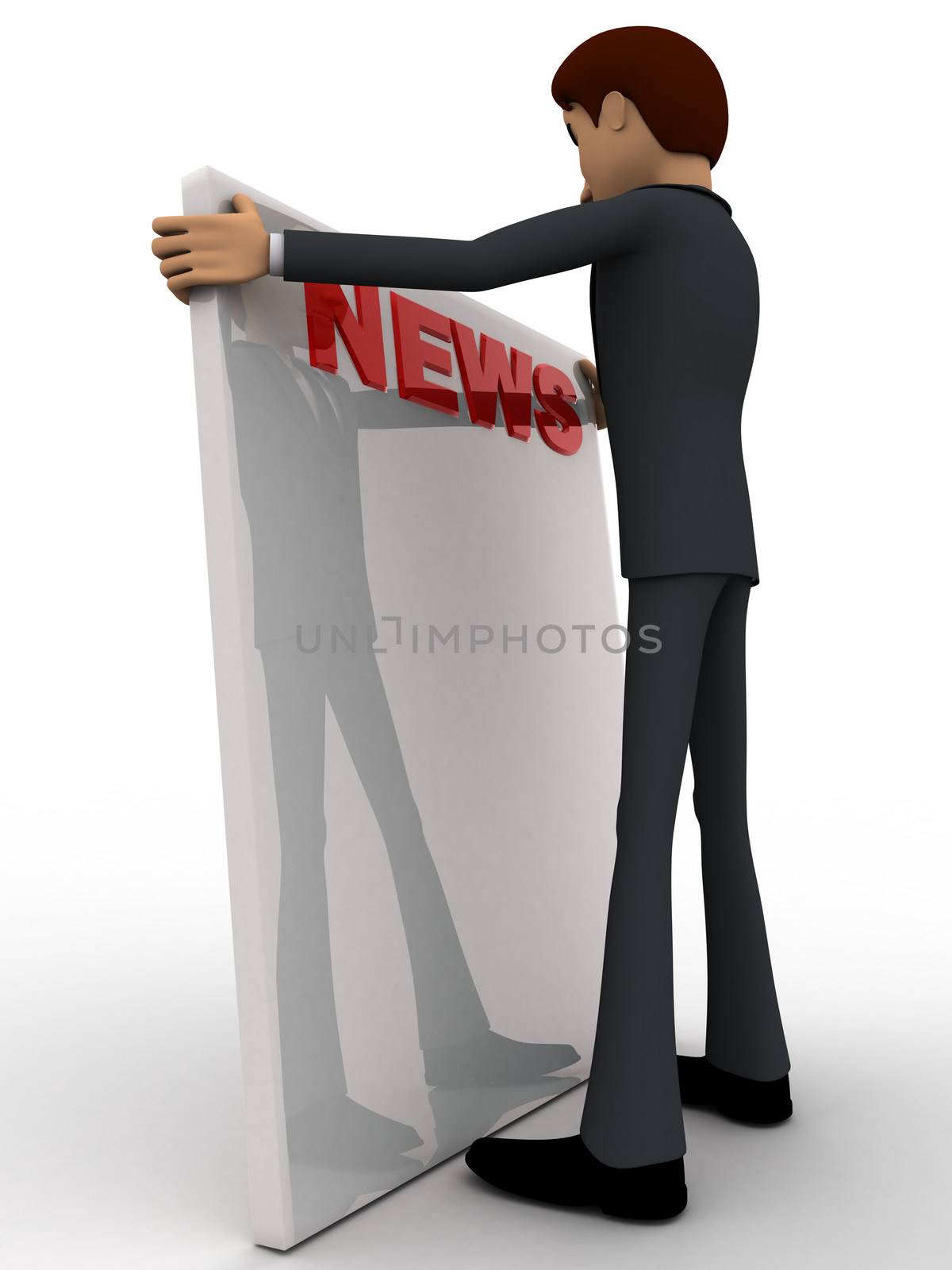 3d man reading news paper concept on white background,  side angle view