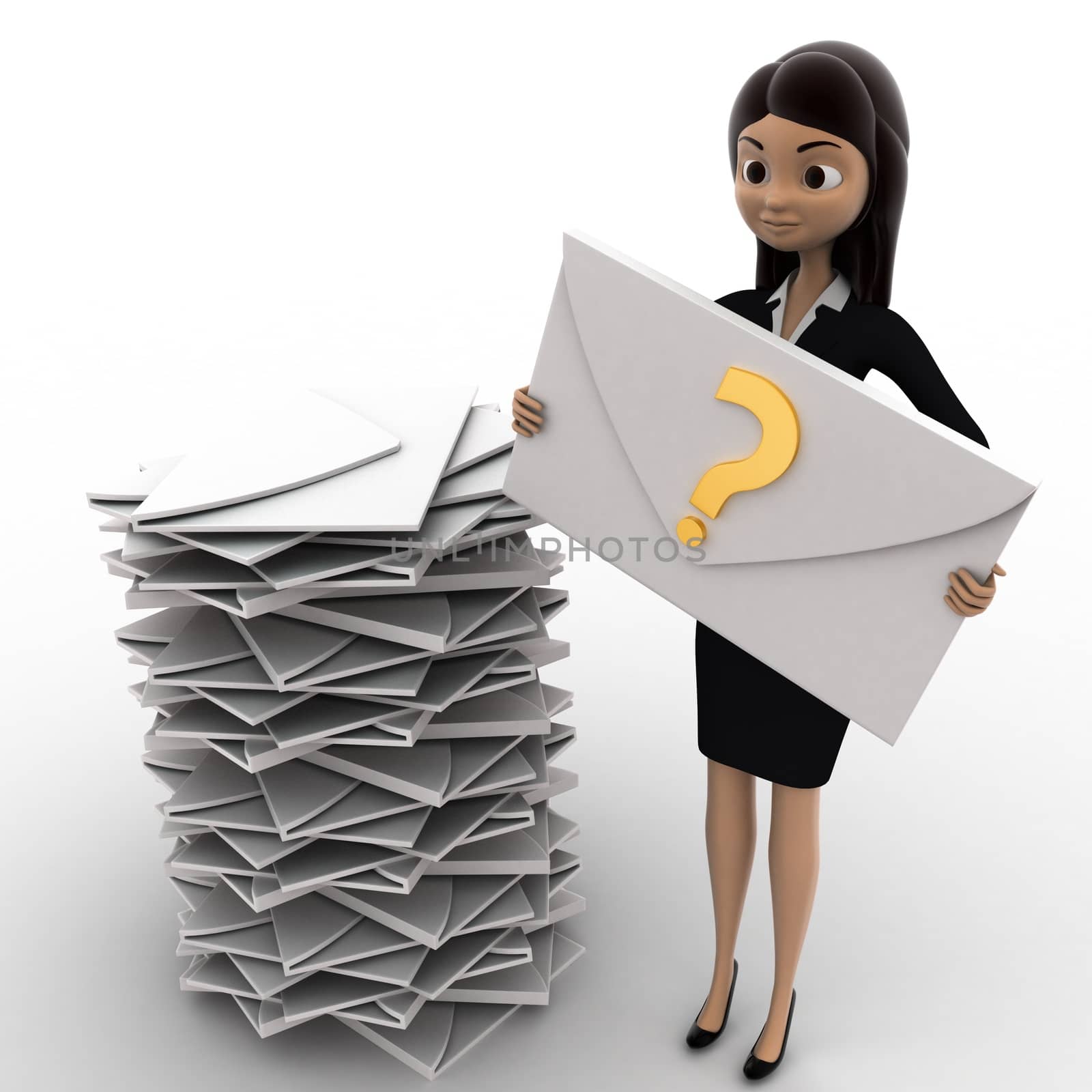 3d woman with many mails in inbox and one mail with question mark in hand concept on white background, side  angle view