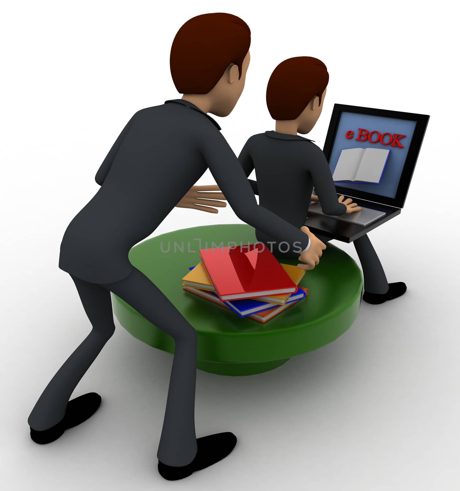 3d one man reading e book on laptop and another man stealing book from behind concept by touchmenithin@gmail.com