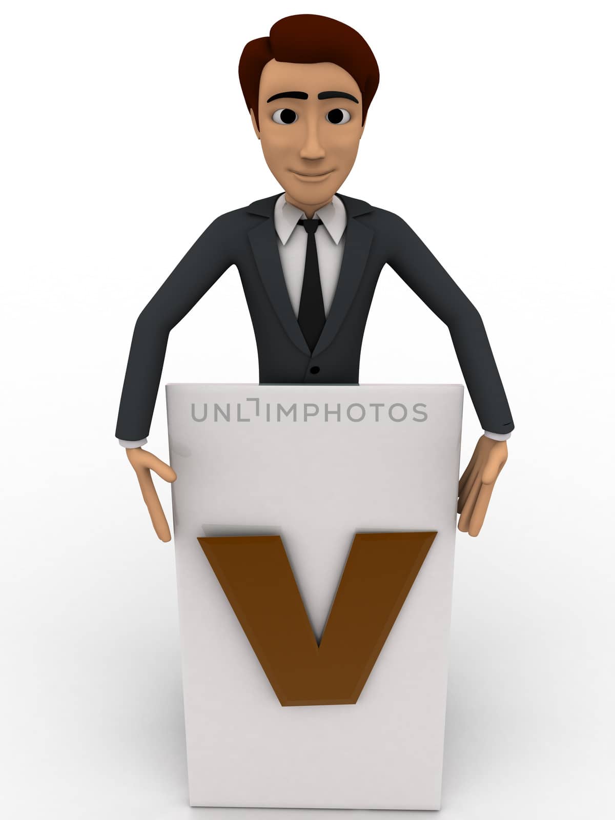 3d man write v on paper concept on white background, front angle view