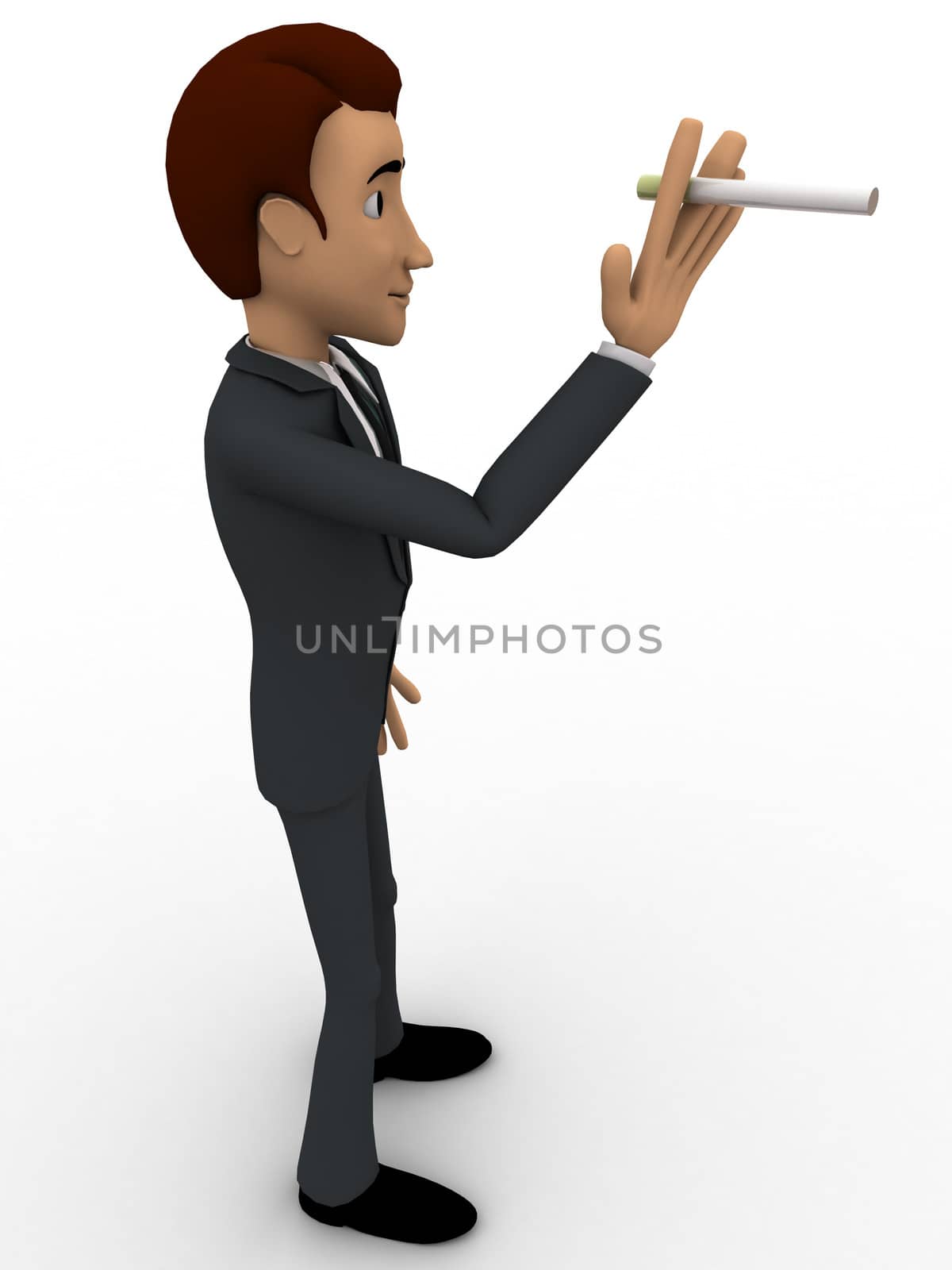 3d man with big smoking cigarate concept on white background,  side  angle view